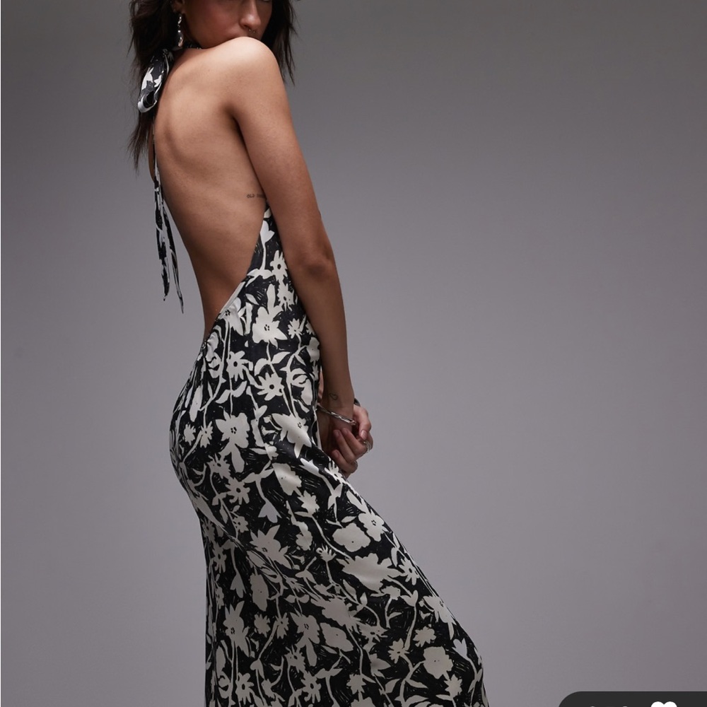 Backless Black & White Floral Halter Maxi Dress